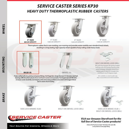 Service Caster 4 Inch Kingpinless Thermoplastic Wheel Caster Brake & Swivel Lock 2 Rigid, 2PK SCC-KP30S420-TPRRD-SLB-BSL-2-R-2